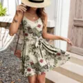 Vestido corto de verano con estampado floral cuello en V y tirantes finos lazo - S / Albaricoque