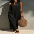 Zomer mouwloze zwarte maxi jurk met opengewerkte V-hals, casual losse vakantie strandjurk vrouwen. - Zwart