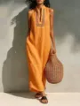 Vestido largo de verano sin mangas cuello V calado estilo resort naranja casual elegante - S / Naranja