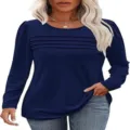 Blusa elegante de manga larga para mujer con detalles plisados y comodidad diaria. - L / Azul marino