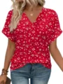 Top rojo de manga corta con cuello en v y estampado de salpicaduras blancas, mujer. - Rojo