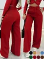Pantalon ancho de talle alto para mujer pantalon casual de oficina con doble botonadura - S / Rojo