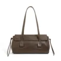 Stylish brown leather shoulder bag for women, elegant baguette pillow design with long strap daily. - L / Coffee