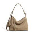 Borsa a spalla hobo minimalista in vera pelle, borsa tote da lavoro capiente color kaki. - Grigio