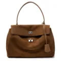 Borsa a mano in pelle scamosciata marrone, elegante borsa a spalla con chiusura a chiave. - Taglia L / Marrone