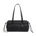 Borsa a spalla nera in pelle da donna, elegante borsa a baguette di tendenza con manico. - Taglia L / Nero