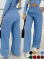 Mujer Cintura Alta Pantalon Ancho Conjunto Casual Manga Larga Crop Top Azul Elegante - S / Azul cielo