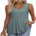 Dames mouwloze V-hals getextureerde peplum tanktop, elegante groene zomer casual top - Groen