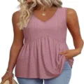 Dames casual mouwloze V-hals babydoll top, elegante roze blouse met oogjes en volants. - Lotusroze