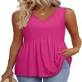 Dames Mouwloos V-Hals Babydoll Tanktop Vloeiende Volants Zoom Zomer Blouse Felroze - Rozerood