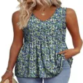 Blauw groen bloemen mouwloze V-hals peplum top, elegante zomerse casual dameskleding. - S / Bont Blauw