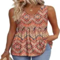 Dames V-Hals Mouwloos Tanktop Bohemien Bedrukt Ruffles Babydoll Zomer Casual Top - S / Bont Oranje