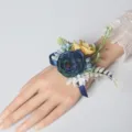 Artificial rose wrist corsage for wedding bridesmaid and prom party decoration main product view. - Wrist Corsage / Yellow Blue