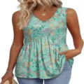 Groene bloemen mouwloze dames top met V-hals, vloeiende babydoll ruffle blouse. - S / Gepatroneerd Groen