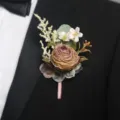 Elegant European style artificial rose boutonniere for wedding groom suit lapel decoration. - Corsage / Coffee