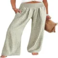 Groene witte ruit casual broek hoge gesmokte taille wijde pijpen zomer broek - S / Bottoms / Legergroen Geruit