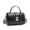 Black genuine leather top handle bag with chic metal lock closure and stylish crossbody strap. - 18.5*8.5*12 / Black