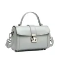 Gray leather top-handle crossbody bag with metal lock closure and detachable shoulder strap. - 18.5*8.5*12 / Light Blue