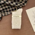 Korean style sweet knitted mid-tube socks with pearl bow decoration, beige daily wear for girls. - One Size / B1-07 Oatmeal
