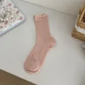 Sweet pink ruffle hollow mesh mid tube socks for women, cute summer daily wear stack socks. - One Size / Dusky Pink