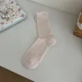 Pink ruffled hollow mesh socks, sweet style mid-calf socks for women, versatile daily wear. - One Size / Light Pink