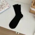 Black ruffles sheer mesh mid tube socks, sweet style jk crew socks for women daily wear. - One Size / Black