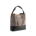 Borsa a secchiello in camoscio grigio e pelle nera, elegante borsa a tracolla con catena chic. - Grigio Scoiattolo
