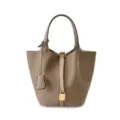 Taupefarbene Eimer-Ledertasche mit Tragegriff und goldenem Vorhängeschloss, Handtasche. - Elefantengrau