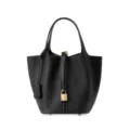 Schwarze Leder Eimer Tasche für Damen, elegante Handtasche mit goldener Schloss Hardware. - Schwarz