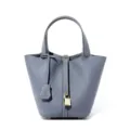 Luxus Echtleder Eimer Tasche für Damen, stilvolle graue Handtasche mit Schloss und Henkel. - Dunstiges Blau