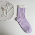 Purple ribbed mid-calf socks featuring a white contrasting cuff and hollow-out design. - One Size / White Cuff