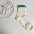 White mid-tube socks with green ribbed cuff, comfortable cotton daily wear option. - One Size / Green Cuff