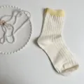 White women mid-calf socks with yellow ribbed cuff, cute casual cotton hosiery for daily wear. - One Size / Yellow Sock Cuff