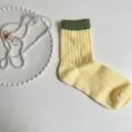 Women's yellow mid-calf socks with green ribbed cuffs, Japanese style casual knit hosiery for daily wear. - One Size / Yellow-Green