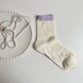 Women cute ribbed mid-calf cotton socks with purple cuff, stylish knit vintage hosiery. - One Size / Light Purple Sock Cuff