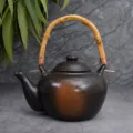 Théière en céramique rétro avec poignée en bambou, élégante bouilloire mid-century pour le thé. - Théières de style japonais / Jaune Moucheté