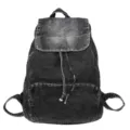 Vintage black denim backpack for women, casual acid wash canvas book bag with drawstring. - Black