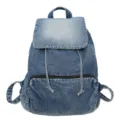 Vintage blue denim backpack for women, casual style bookbag with drawstring and front pocket. - Light Blue