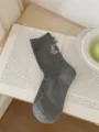 Women's Korean style mid-calf socks with cute floral bow and breathable knit design. - One Size / Dark Gray