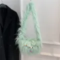 Grüne flauschige Plüsch Umhängetasche niedliche zottelige Handtasche mit lustigen Augen - Hellgrün