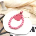 Pink pearl beaded phone charm keychain cute heart pendant mobile strap wrist lanyard accessory - Rose Red