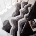 Alfombra copetuda de olas abstractas irregular negro y blanco mullida para sala de estar - 50*100 cm [flocado premium] / Paisaje de montaña y mar en tinta