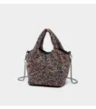 Vue détaillée du sac seau en strass étincelant avec des cristaux multicolores brillants. - Zircon Coloré