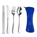 Portable stainless steel travel tableware set with blue storage pouch, reusable camping cutlery. - Knife Fork Spoon Chopsticks Four-Piece Set / Blue