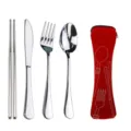 Stainless steel travel flatware set portable reusable camping cutlery with red pouch - Knife Fork Spoon Chopsticks Four-Piece Set / Red