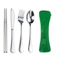 Reusable stainless steel travel cutlery set with green storage pouch, chopsticks, knife, fork and spoon. - Knife Fork Spoon Chopsticks Four-Piece Set / Green