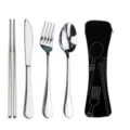 Stainless steel travel cutlery set with portable pouch, reusable knife, fork, spoon, and chopsticks. - Knife Fork Spoon Chopsticks Four-Piece Set / Black