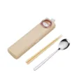Tragbares Besteckset mit Aufbewahrungsbox Essstäbchen und Löffel süßes Cartoon Design Schüler - Khaki Hund / Legierung Stäbchen + Löffel