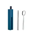 Tragbares 304 Edelstahl Besteckset mit Aufbewahrungsbox Staebchen Loeffel Camping - Löffel + Stäbchen + Blauer Kasten / Silber