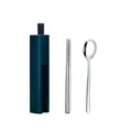 Tragbares Edelstahl Besteck Set mit Etui Löffel Stäbchen Outdoor Camping Geschirr - Löffel + Stäbchen + Dunkelgrüner Kasten / Silber